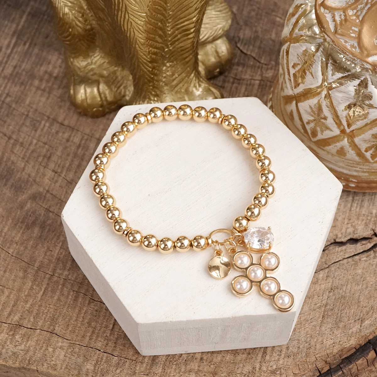 Golden Keepsakes ?C Charm Cluster Stretch Bracelet with Beads & Stones Significant Composite Beneficial Combinations
