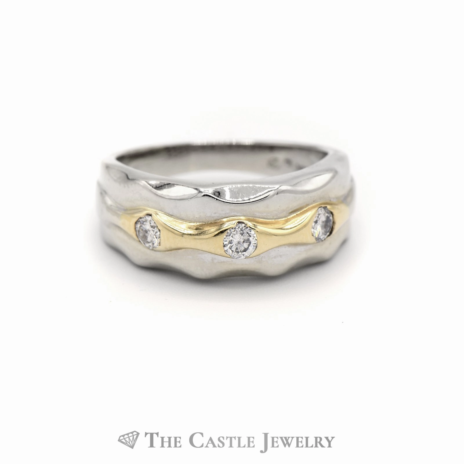 Ornate Creation Two Toned Diamond Ring with Waved Designed Mounting in 14KT White and Yellow Gold
