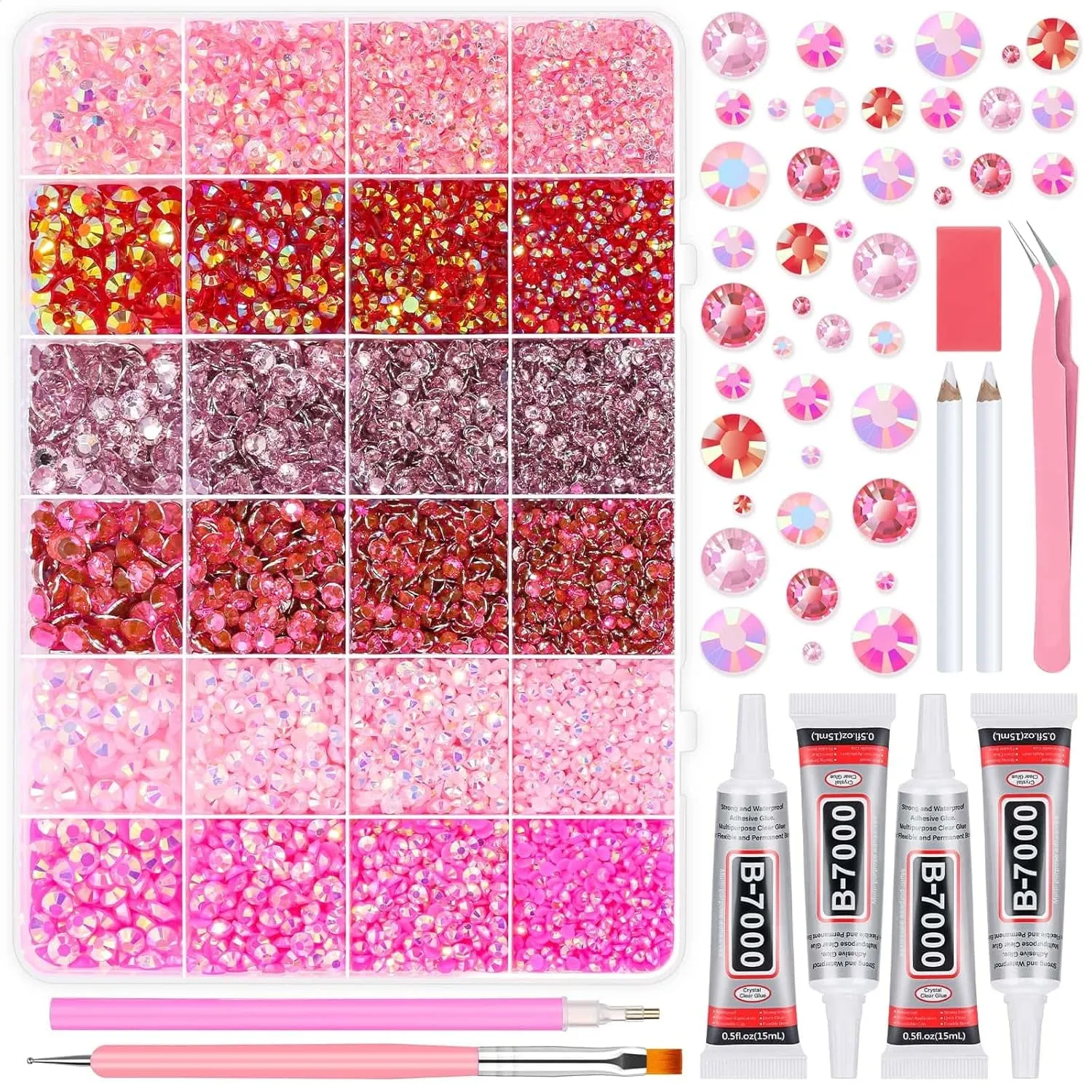 B7000 Glue with 18000Pcs Rhinestones for Crafting, Flat Back Rhinestone Kit Non Hotfix Resin Gems with Clear Jewelry Glue for Clothes Shoes Tumbler Nail Art Makeup Jewelry Making