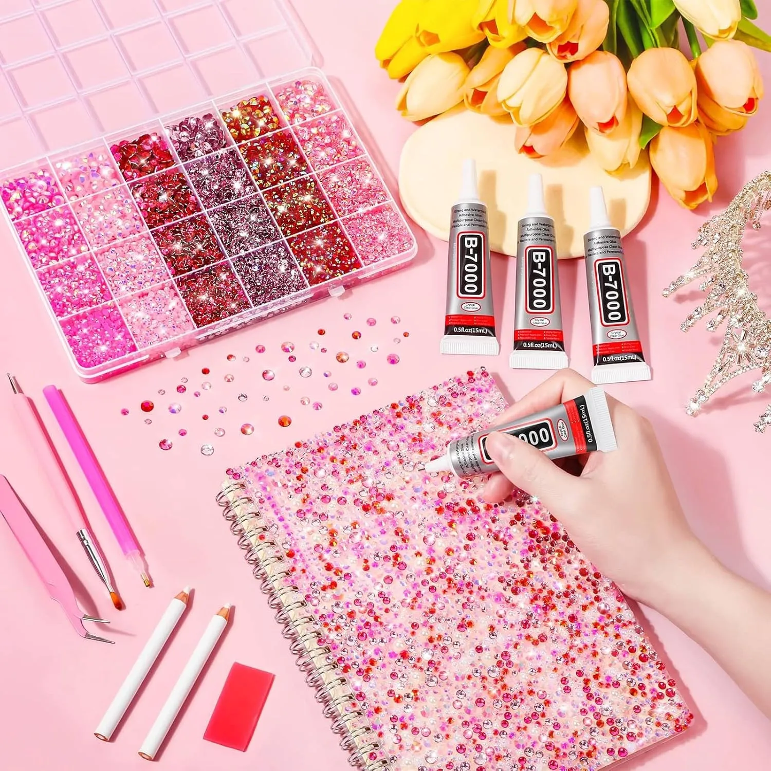 B7000 Glue with 18000Pcs Rhinestones for Crafting, Flat Back Rhinestone Kit Non Hotfix Resin Gems with Clear Jewelry Glue for Clothes Shoes Tumbler Nail Art Makeup Jewelry Making