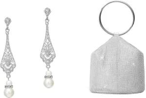 BABEYOND 1920s Vintage Wedding Pearl Dangle Drop Earrings Art Deco Gatsby Earrings Women's Rhinestone Clutch Evening Bags Sparkly Glitter Round Handle Purse for 1920s Party Prom