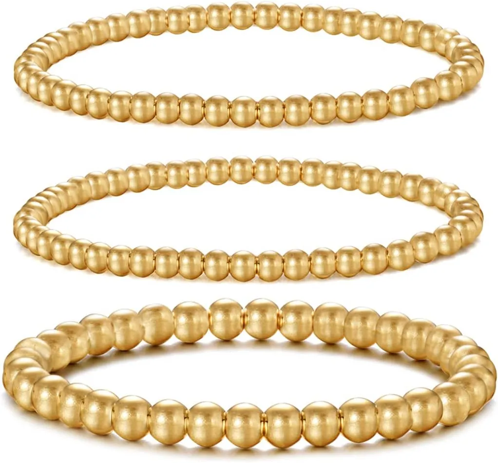 Badu Gold Plate Bead Bracelet for Women 14K Gold Plated Bead Ball Bracelet Stretchable Elastic Hypoallergenic Bohemian Stackable Bracelet