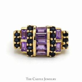 Baguette Cut Amethyst & Round Sapphire Cluster Ring in 14k Yellow Gold Delicate Look Father Present
