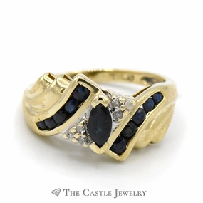 Marquise Cut Sapphire Ring with Round Diamond and Sapphire Accents in 10k Yellow Gold Personal Art