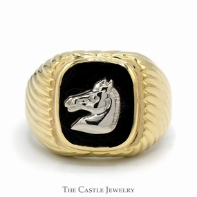Black Onyx Horse Head Ring with Grooved Sides in 14k Yellow & White Gold Gentle Balance