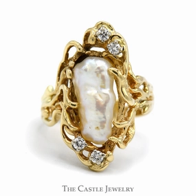 Casual Gift Medal Quality Baroque Pearl Ring with Diamond Accents in 14k Yellow Gold Vine Designed Setting
