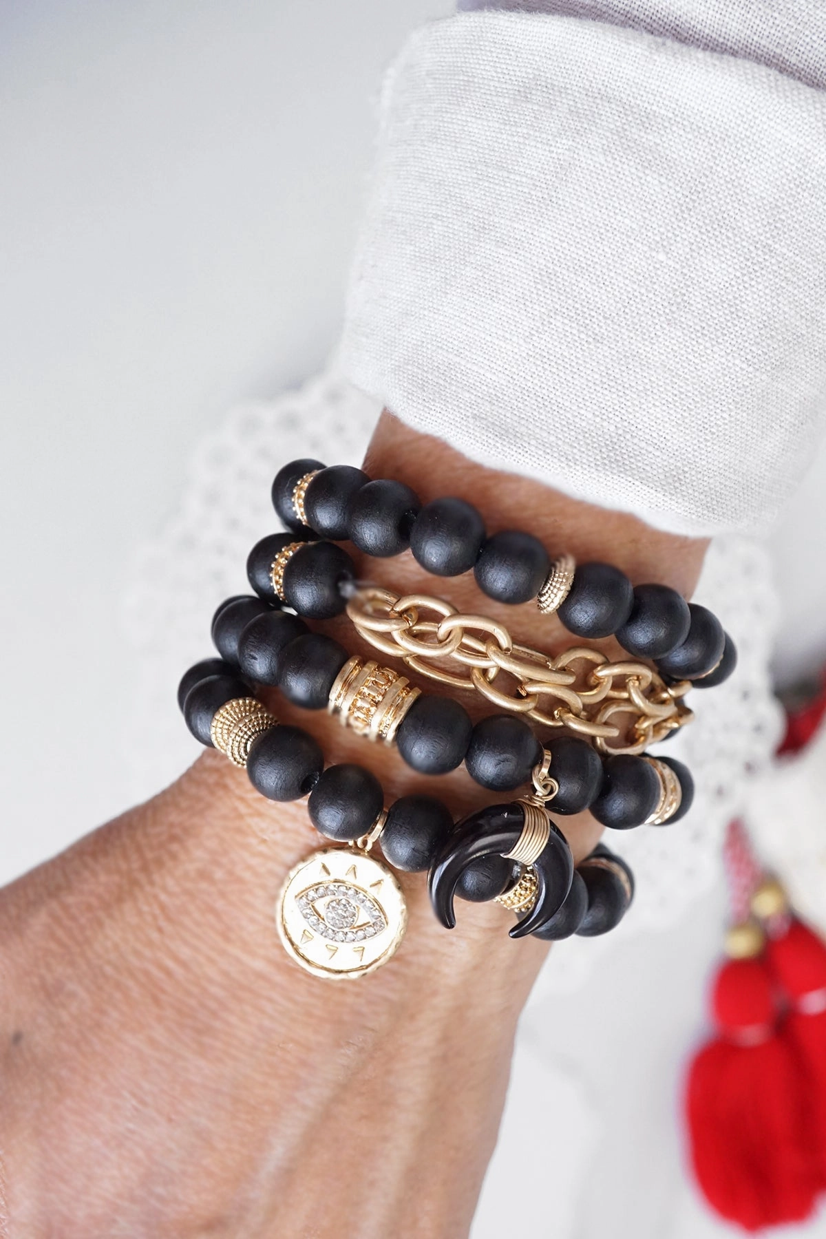 Crowd Pleaser Beaded Boho Bracelets set of 4 with Gold Coin Black wooden Beads and Metal chain