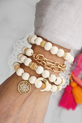 custom design Inspiration Behind Beaded Boho Bracelets set of 4 with Gold Coin Cream wooden Beads and Metal chain