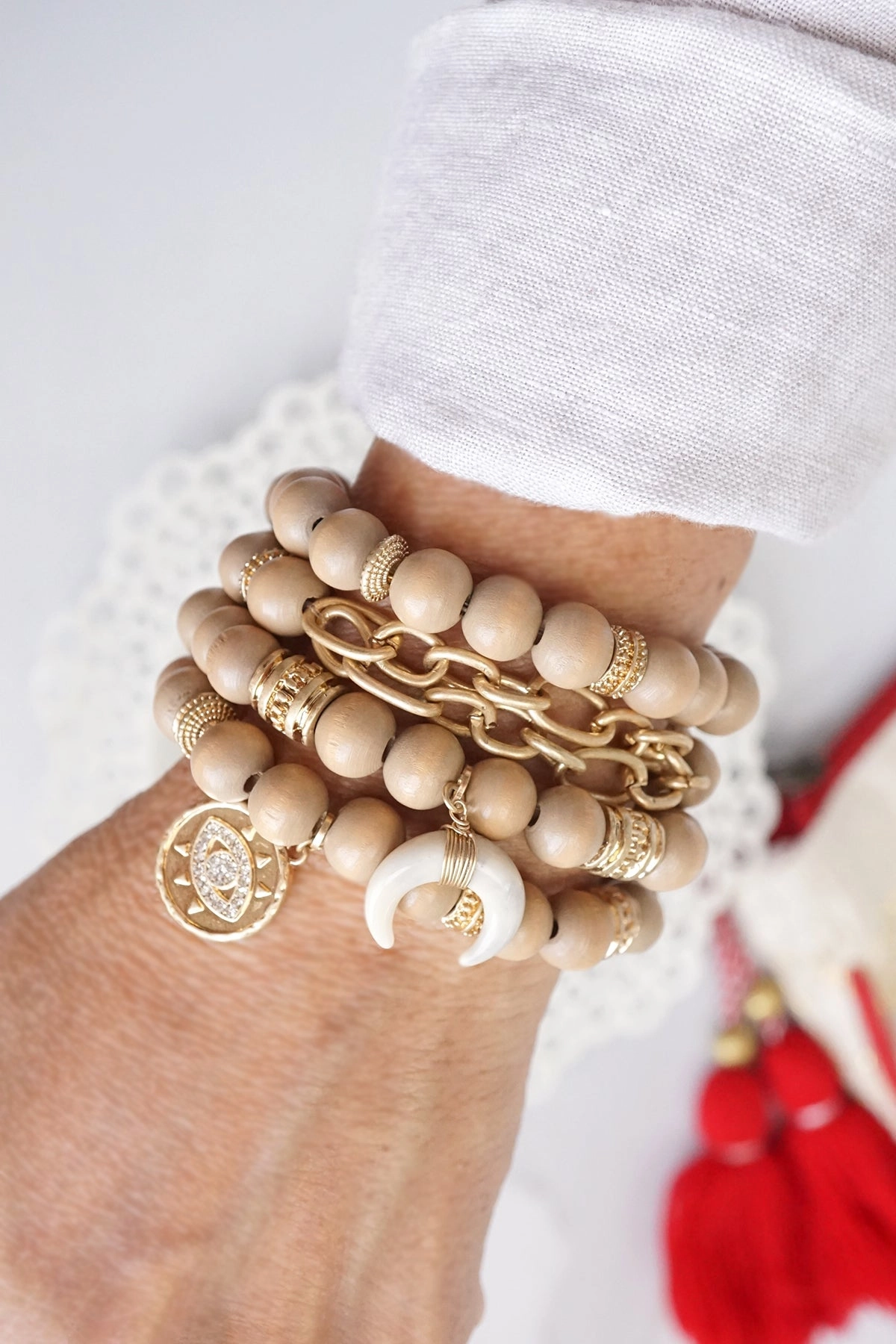 Labeled Detail Heroic Perspective Beaded Boho Bracelets set of 4 with Gold Coin Neutral wooden Beads and Metal chain