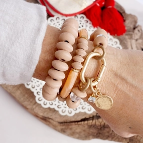 Futuristic Trends Advantageous Amalgamations Beaded Boho Statement Bracelets set Carabiner Coin Crystal in Mute Pink Wooden Acrylic and Glass beads