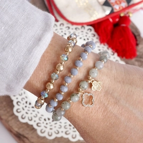 Beaded Bracelet Set Clover Semi Precious Metal Glass Beads Gold tone Grey Statement Maker Fine Detail