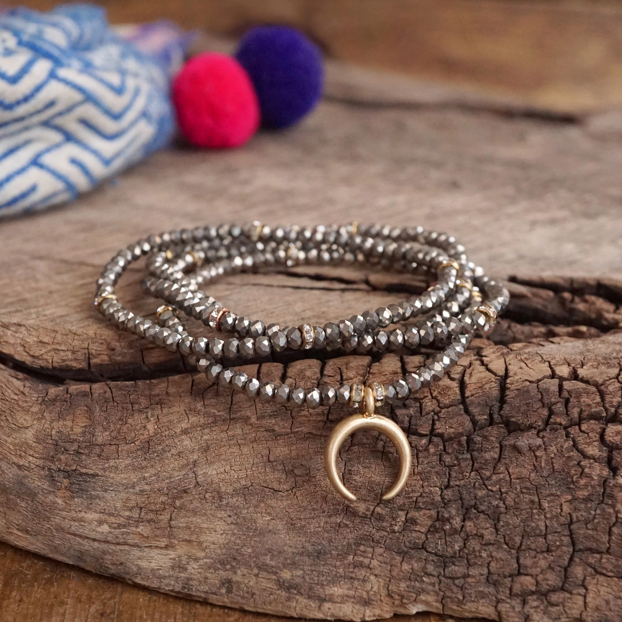 Beaded Bracelet Set with worn gold crescent charm Glass Beads - Grey Neutral Hematite Collective Trend Characteristic Example