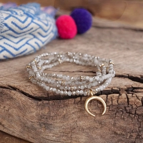 Beaded Bracelet Set with worn gold crescent charm Glass Beads - Grey Neutral Hematite Journey??s End