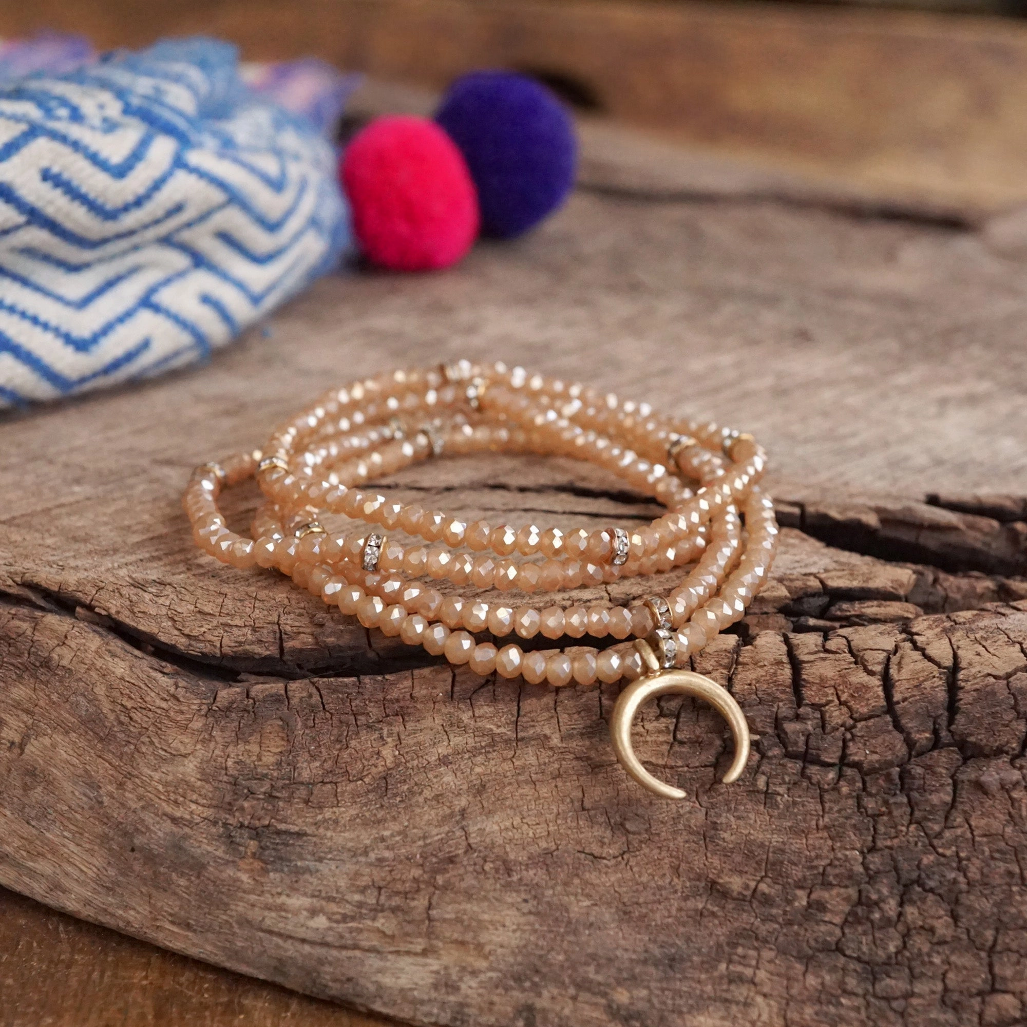 Beaded Bracelet Set with worn gold crescent charm Glass Beads - Grey Neutral Hematite Pristine Vision Simple Grandeur