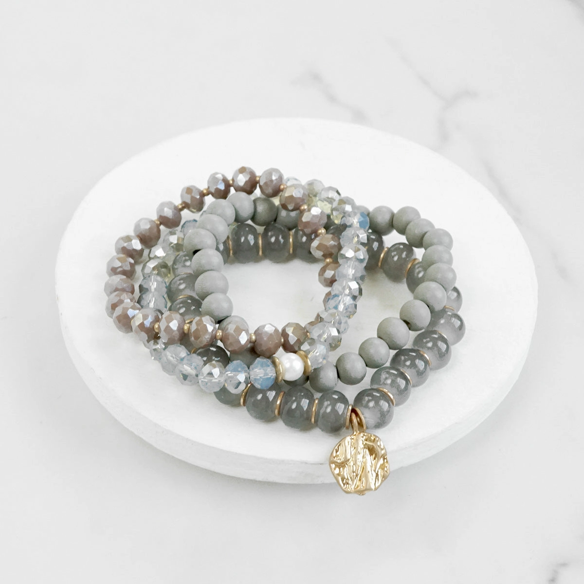 Partner Style Dressy Accent Beaded Bracelets set coin charm In Greys
