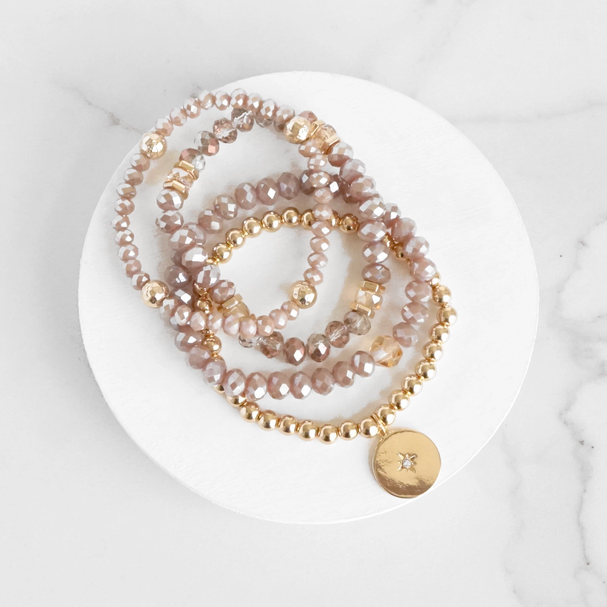 Beaded Bracelets set Gold Coin Sparkly Blush Pink Glass Metal beads Wide-Ranging Composites Chief Ornament