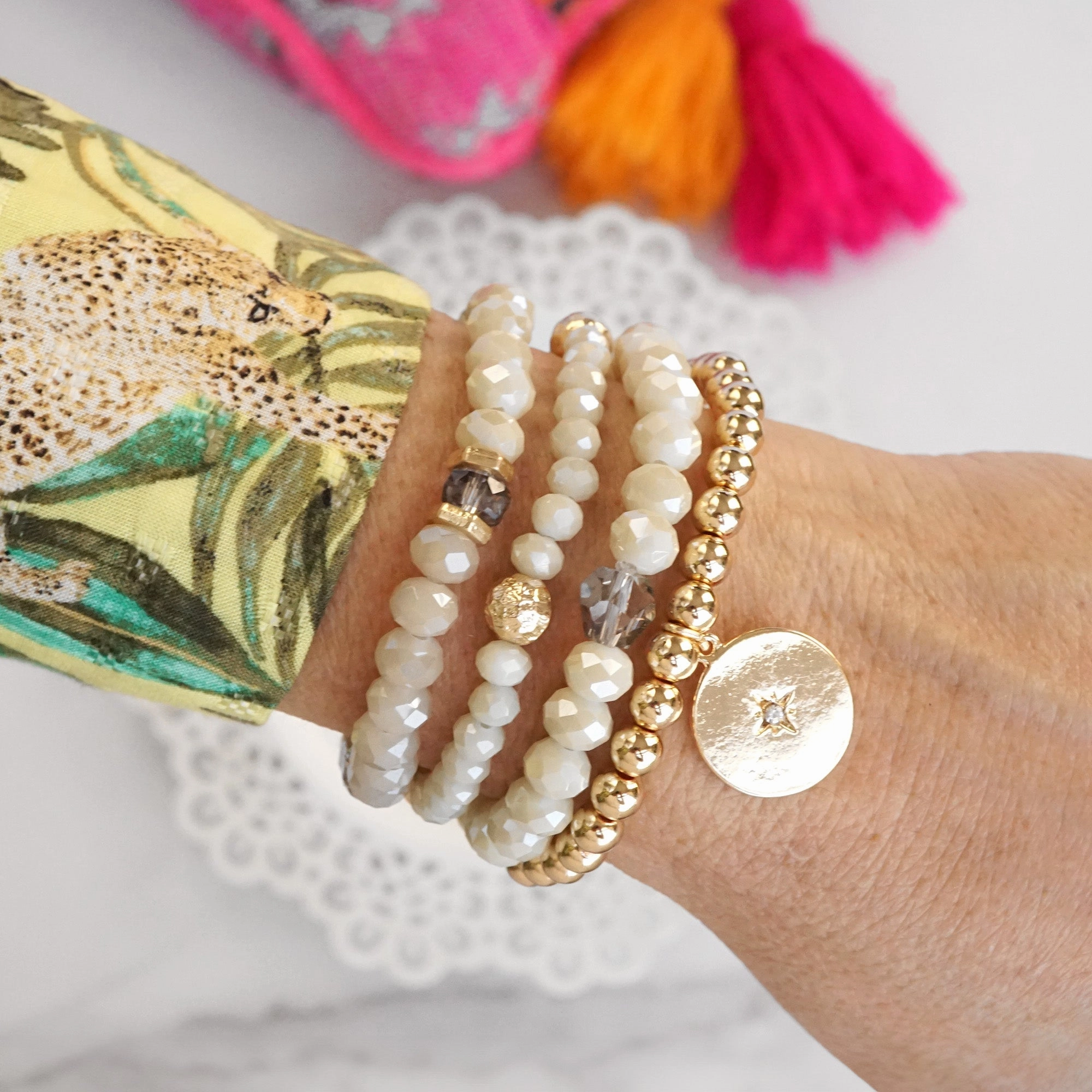 Created To Suit Beaded Bracelets set Gold Coin Sparkly Ivory Off White Glass Metal beads