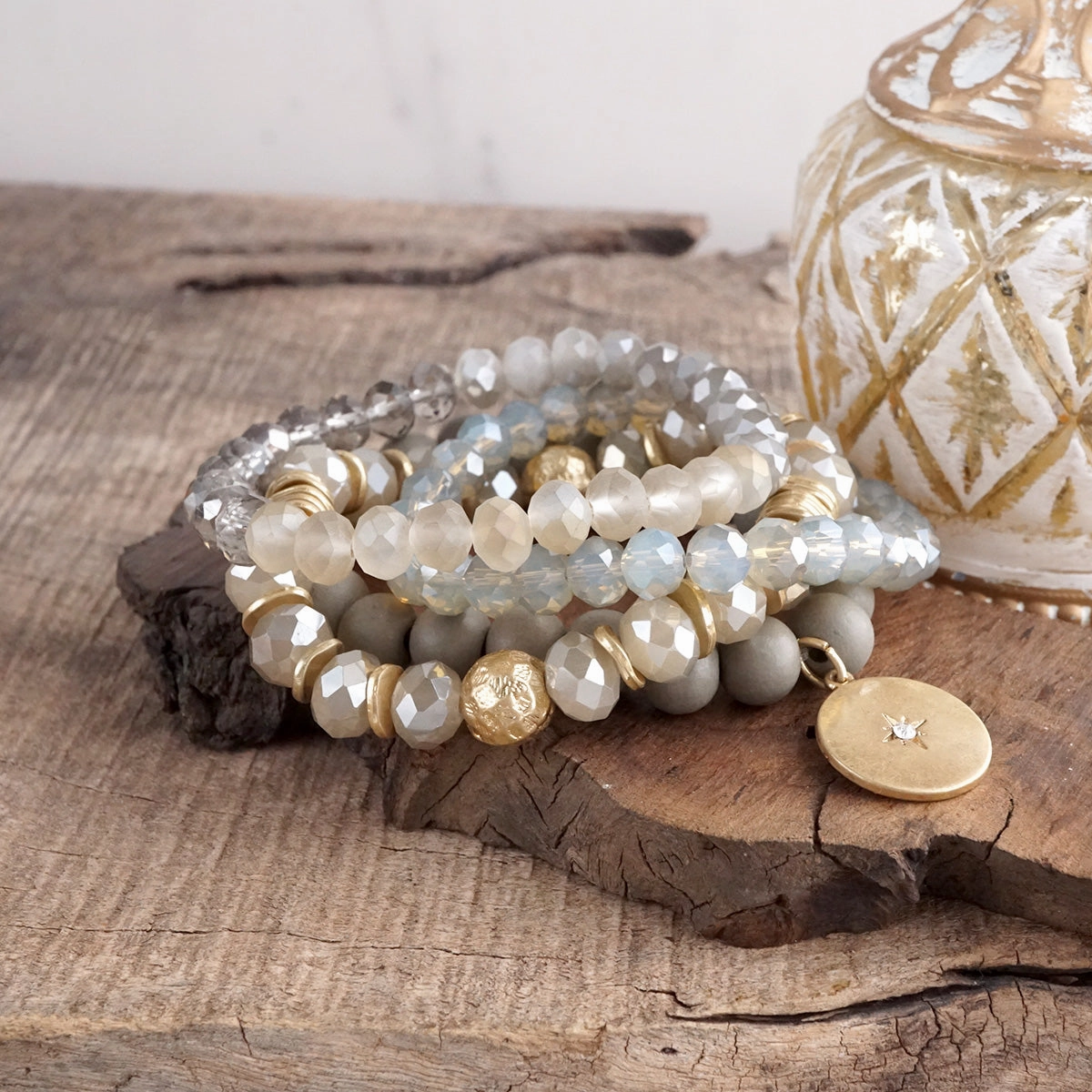Collector??s View Beaded bracelets set in Gray with a coin charm