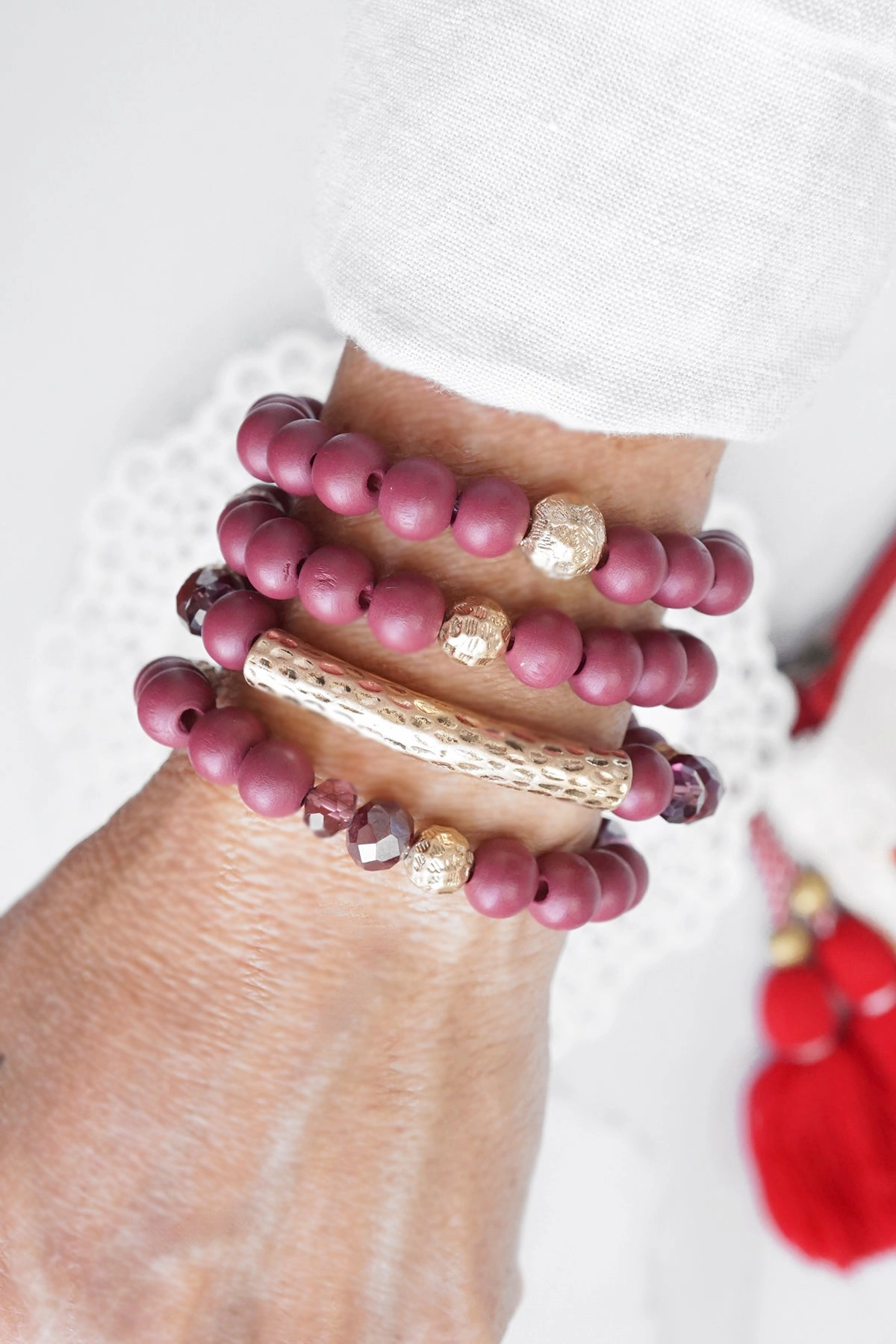 Beaded bracelets set in Wooden Burgundy Red and Gold tube Tailor-Made