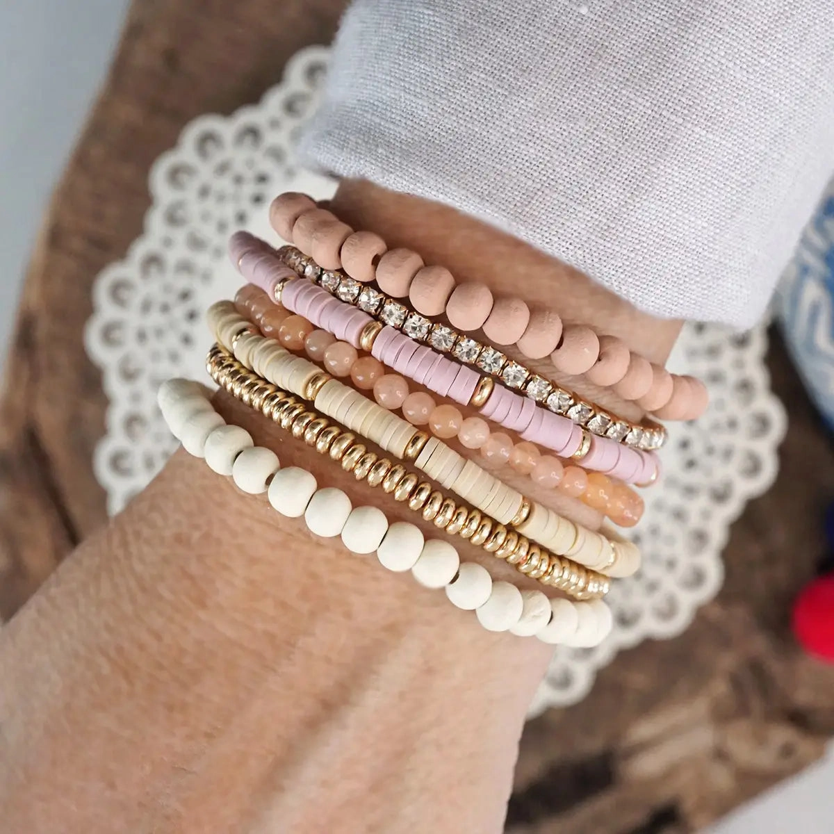 Beaded Bracelets stack of 7 in Pink and Neutral tones Broad Range