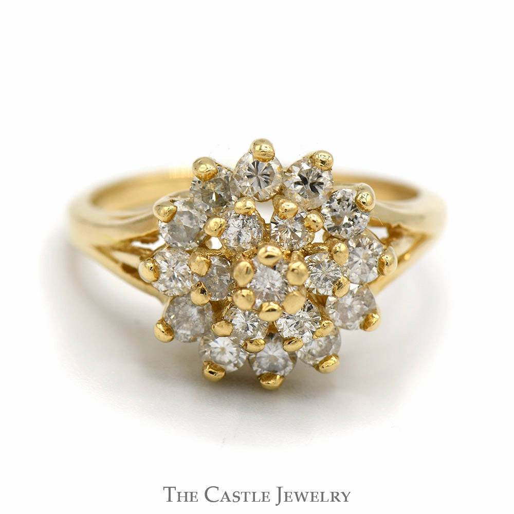 Minimal Choice .85cttw Round Diamond Cocktail Cluster Ring in 14k Yellow Gold Split Shank Setting
