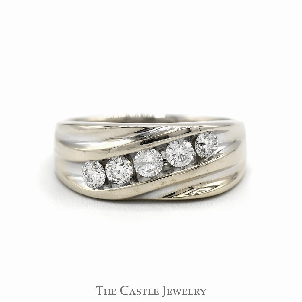 Men's 1cttw 5 Round Diagonally Nick Set Diamond Band in 14k White Gold Timeless Simplicity