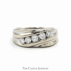 Men's 1cttw 5 Round Diagonally Nick Set Diamond Band in 14k White Gold Timeless Simplicity