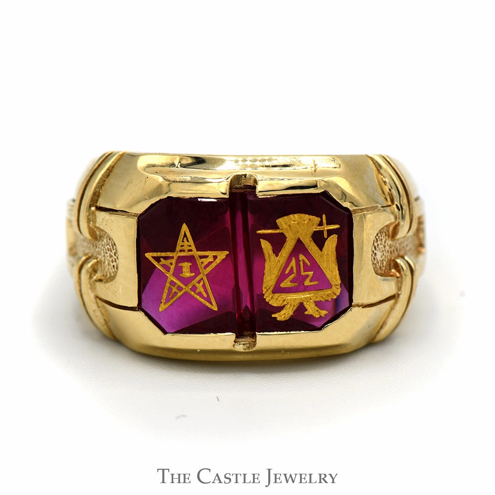 Men's Double Red Stone Masonic Ring in 10k Yellow Gold - Size 9.75 strong style Balanced Contour