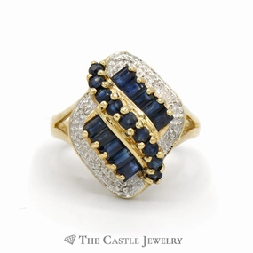Round and Baguette Sapphire Cluster Ring with Illusion Set Diamond Accents in 10k Yellow Gold Sleek Style