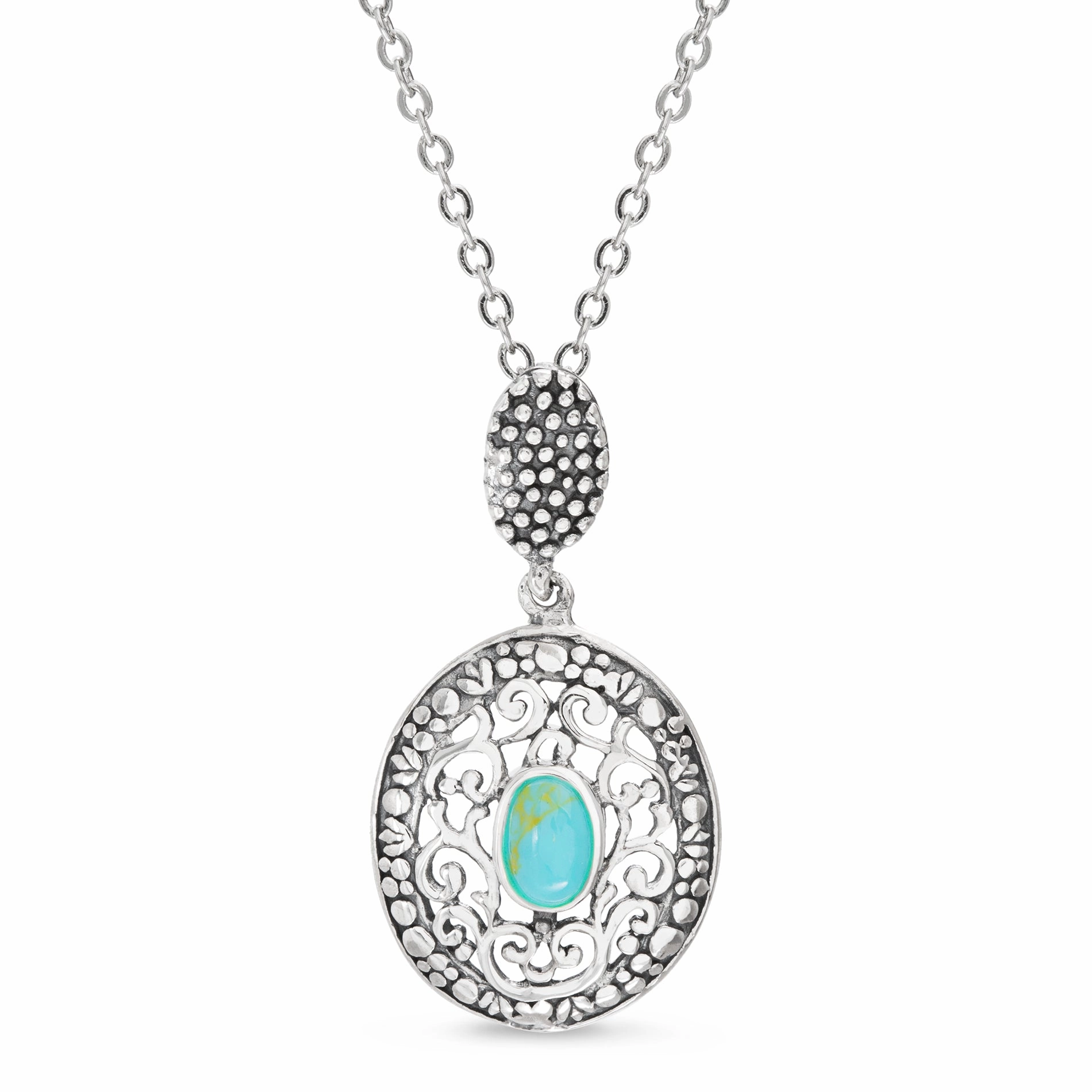 Sweet Touch Willowbird Simulated Turquoise Filigree Disc Drop Pendant Necklace in Oxidized Sterling Silver