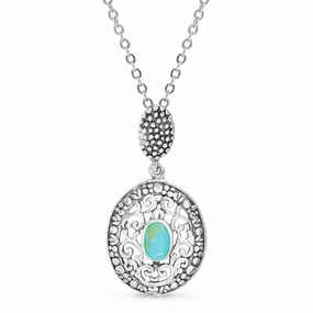 Sweet Touch Willowbird Simulated Turquoise Filigree Disc Drop Pendant Necklace in Oxidized Sterling Silver