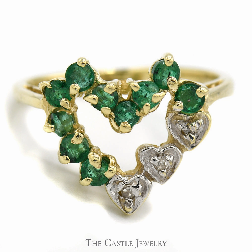Open Heart Shaped Emerald and Diamond Cluster Ring in 10k Yellow Gold Gentle Finish Sturdy Embellishment