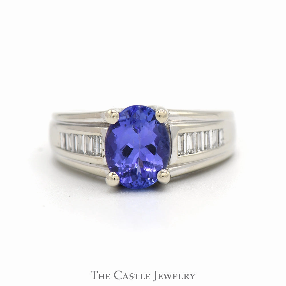 1.97ct Oval Tanzanite Solitaire Ring with Baguette Cut Diamond Accented Sides in 14k White Gold classic accessory