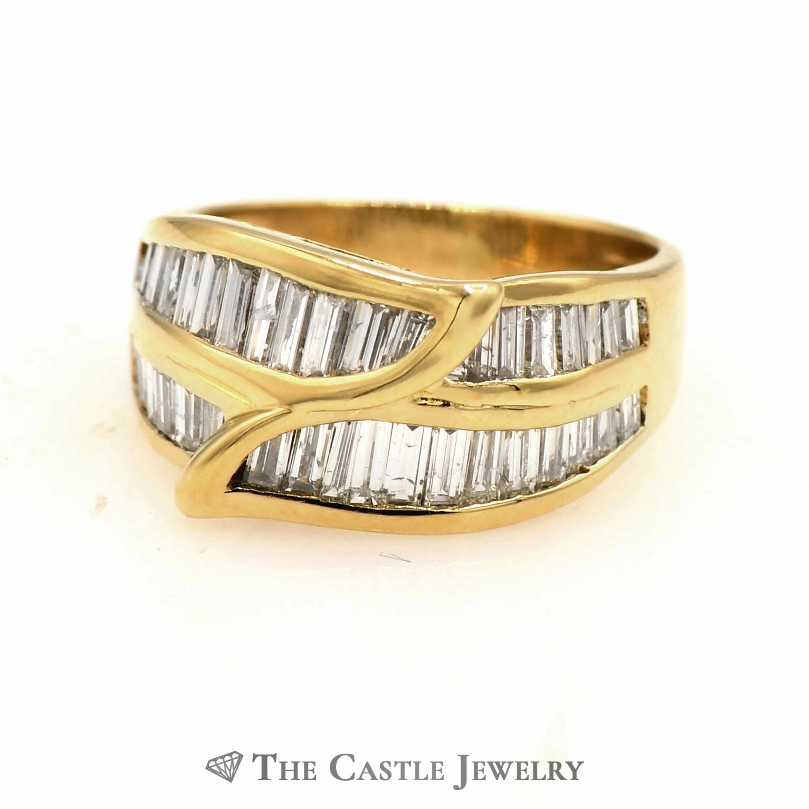 Graceful Detail Numbered Edition Beautiful Leaf Shaped Channel Set Baguette Cut Diamond Band in 18k Yellow Gold