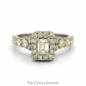 1.5cttw Emerald Cut Diamond Engagement Ring with Diamond Halo and Accented Sides in 14k White Gold Hypoallergenic Design