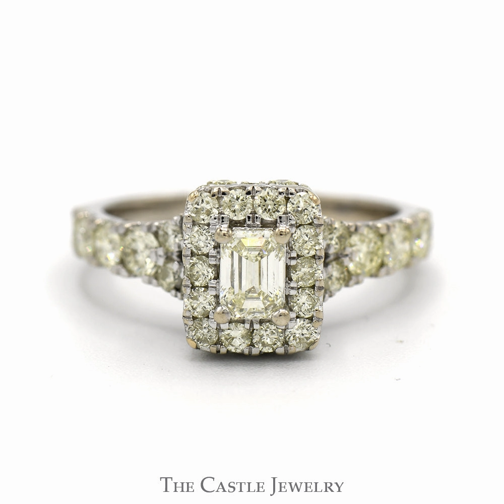 1.5cttw Emerald Cut Diamond Engagement Ring with Diamond Halo and Accented Sides in 14k White Gold Hypoallergenic Design
