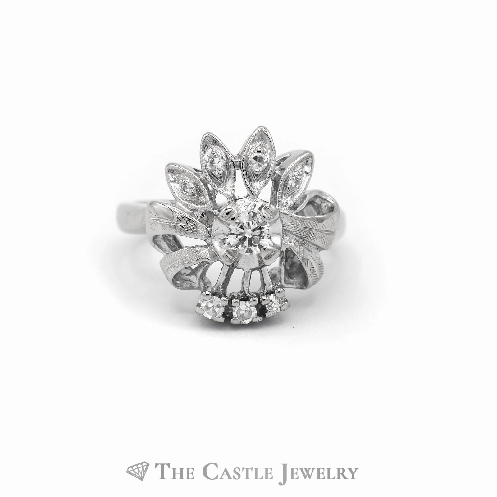 .25CTTW Round Diamond Antique Flower Designed Ring in 14KT White Gold Easy Off