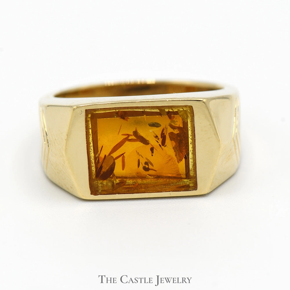 Men's Rectangular Amber Ring in Arrow Designed 14k Yellow Gold Mounting Elegant Outfit Balanced Detail