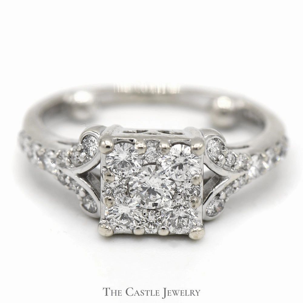 3/4cttw Square Shaped Diamond Cluster Ring with Accented Scroll Design in 14k White Gold Premium Work Quality Design