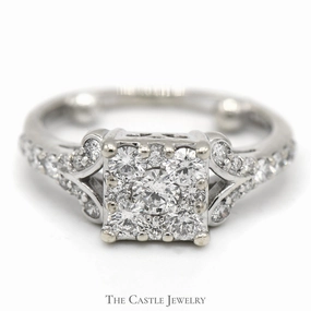 3/4cttw Square Shaped Diamond Cluster Ring with Accented Scroll Design in 14k White Gold Premium Work Quality Design