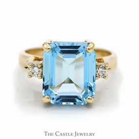 Emerald Cut Blue Topaz Ring with Round Diamond Accents in 14k Yellow Gold Seasonal accessory HighEnd Piece