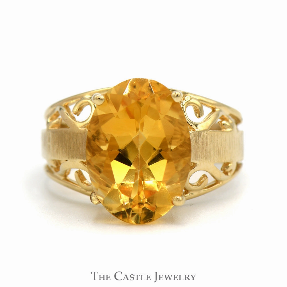 Bridal Present Wonderful Decoration Oval Citrine Solitaire Ring with Open Scroll Designed Sides in 10k Yellow Gold