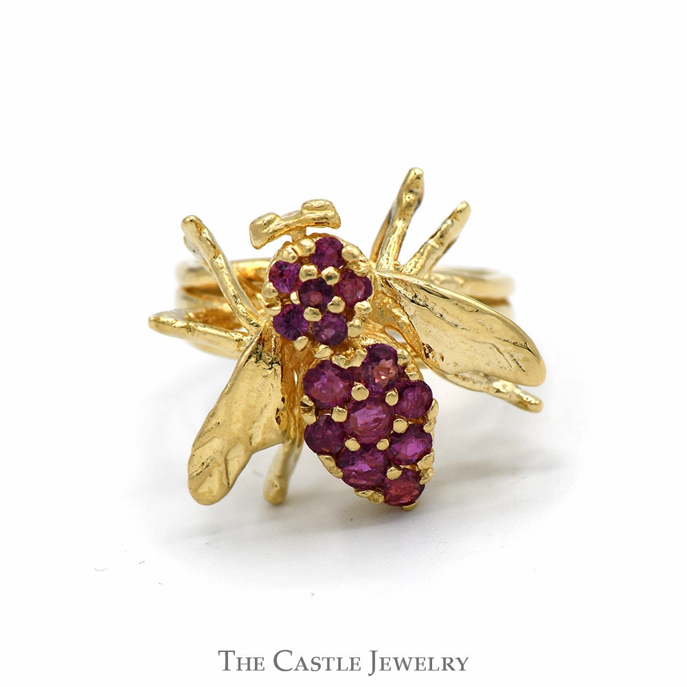 Bee Designed Ruby Cluster Ring in 14k Yellow Gold Matching Set Rectangular Form