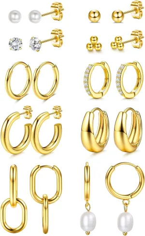 BESTEEL 14Pairs Small Gold Hoop Earrings Set for Women - 14K Gold Plated Hypoallergenic Lightweight Chunky Open Huggie Hoops Dainty Cartilage Stud Hoop Earring Stacks for Multiple Piercing