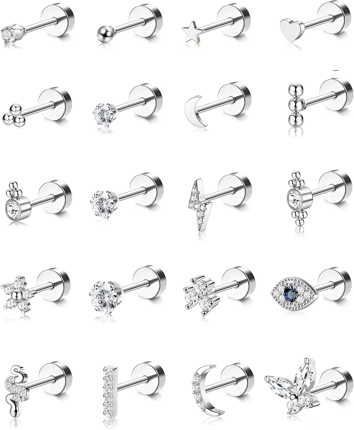 BESTEEL 20PCS Small Hypoallergenic Flat Back Stud Earrings - Silver & Gold Surgical Steel Cartilage Earrings - Tiny Ball Heart Star Set for Multiple Piercing 20G