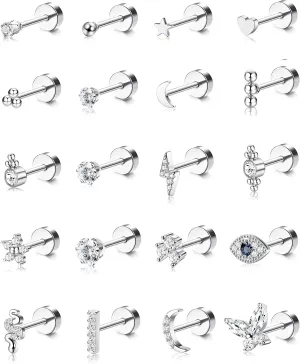 BESTEEL 20PCS Small Hypoallergenic Flat Back Stud Earrings - Silver & Gold Surgical Steel Cartilage Earrings - Tiny Ball Heart Star Set for Multiple Piercing 20G