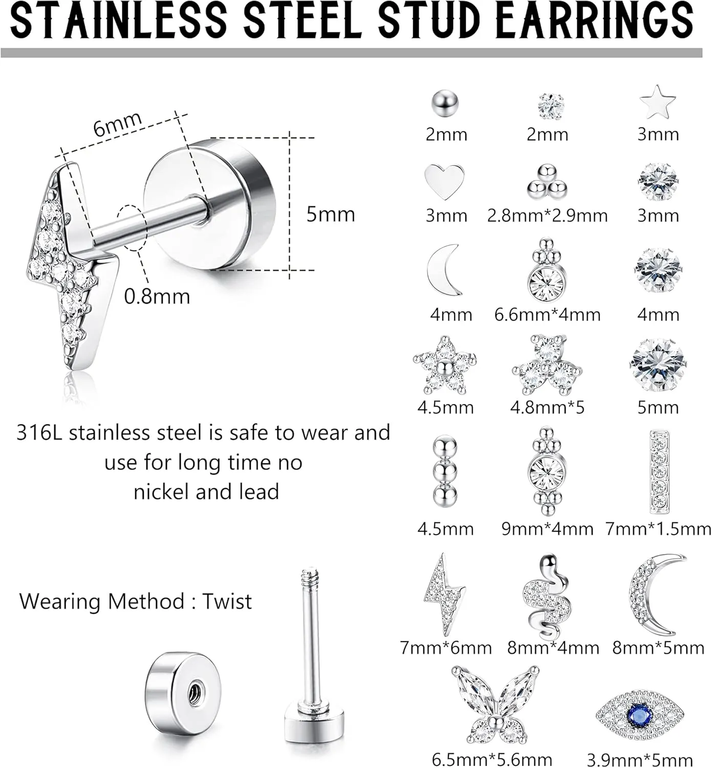 BESTEEL 20PCS Small Hypoallergenic Flat Back Stud Earrings - Silver & Gold Surgical Steel Cartilage Earrings - Tiny Ball Heart Star Set for Multiple Piercing 20G