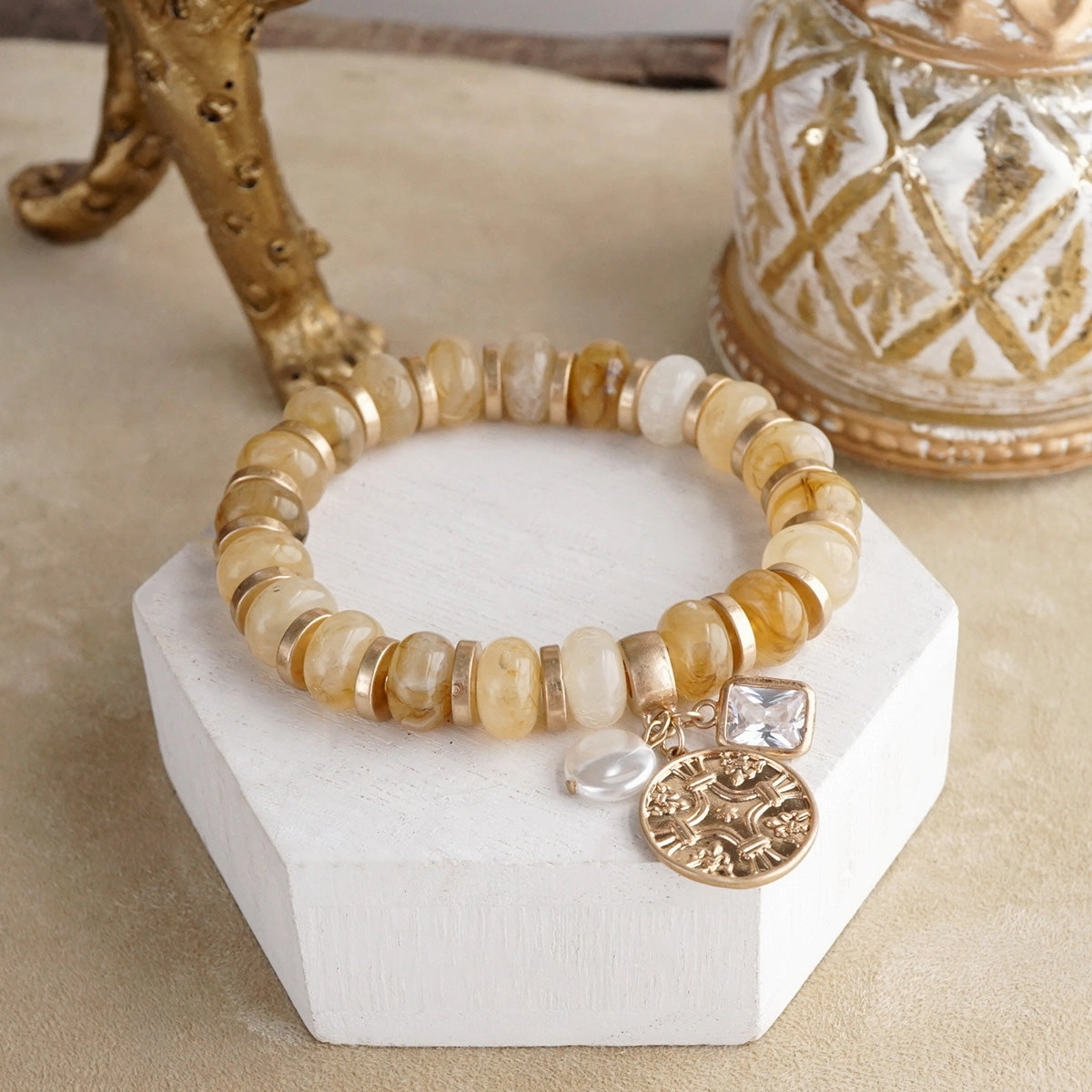 Healing Stones Faithful Layers ?C Chunky Acrylic Rondelle Beads & Cluster Coin Bracelet