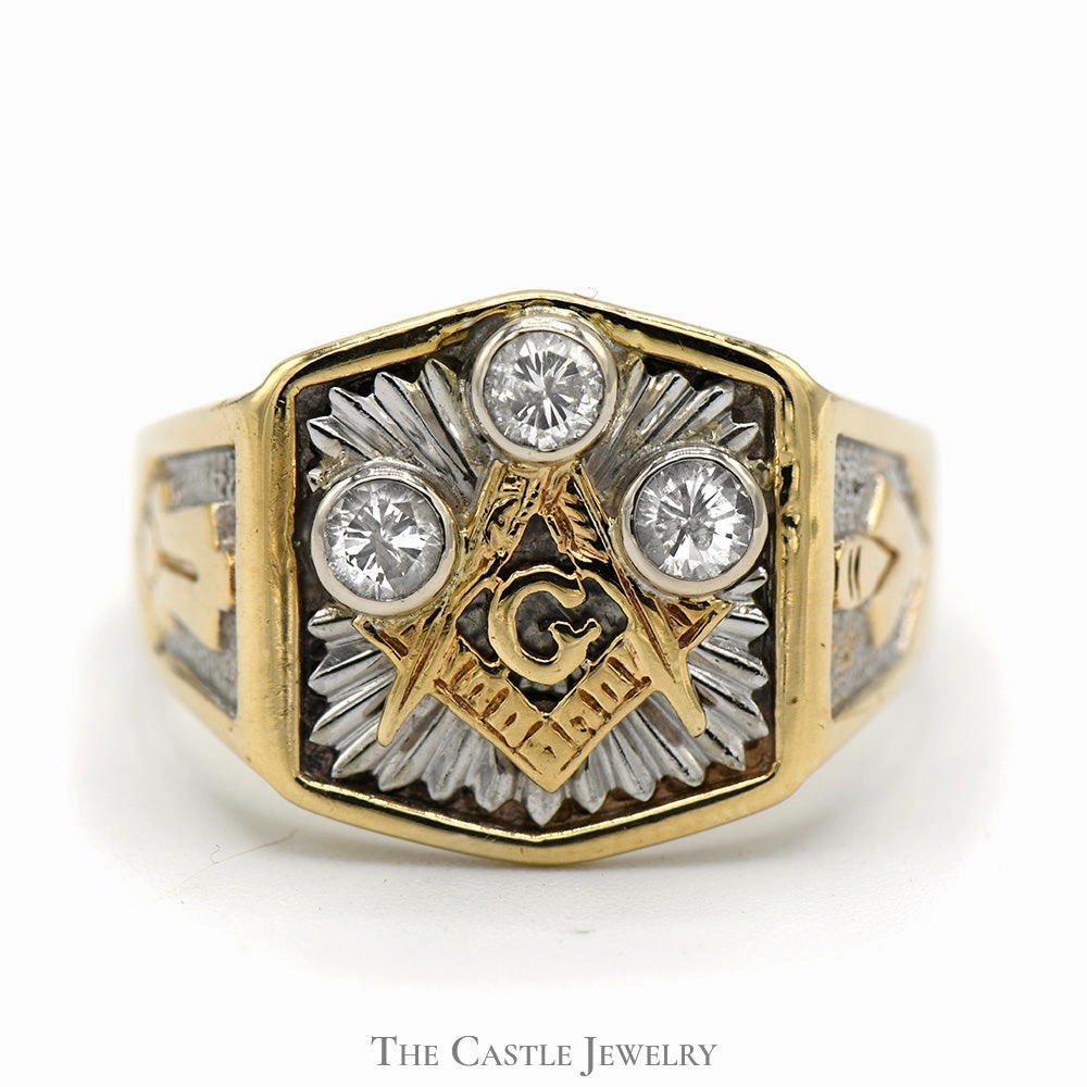 Bezel Set Diamond Masonic Ring in 10k Two-Tone White and Yellow Gold Timeless Article