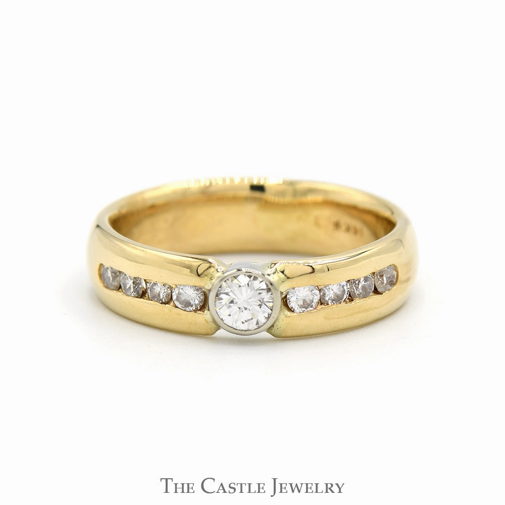 High-End Accessory Designer Accent Bezel Set Diamond Solitaire Men's Ring with Channel Set Diamond Accents in 14k Yellow Gold